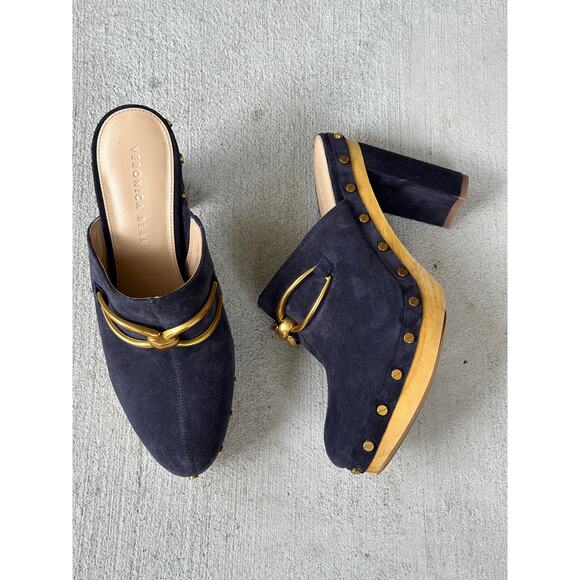 NWOT Veronica Beard Women’s 8.5M Giles Clogs Navy Suede Leather Platform Mules - Picture 5 of 11